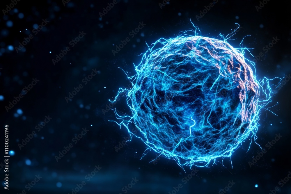 Poster A 3D rendering of a glowing futuristic orb surrounded by dynamic energy waves, symbolizing power and awe