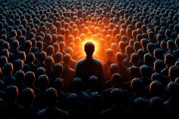 Obraz premium A 3D illustration of a crowd all looking in the same direction, highlighting a single spotlighted individual