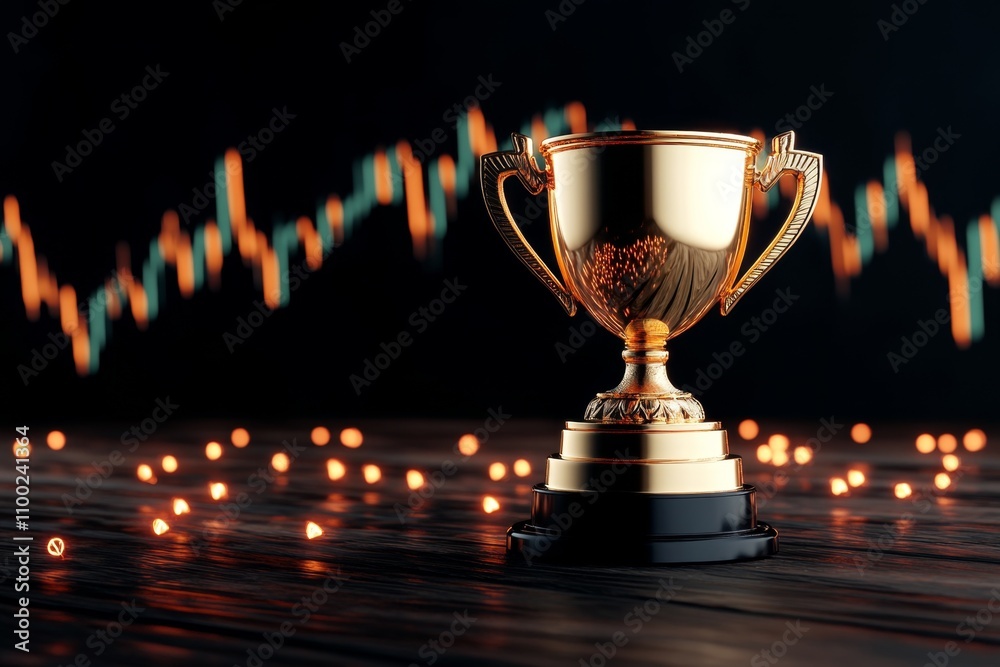 Poster A 3D-rendered golden trophy with financial symbols, floating above a vibrant digital chart with glowing data points and neon lights