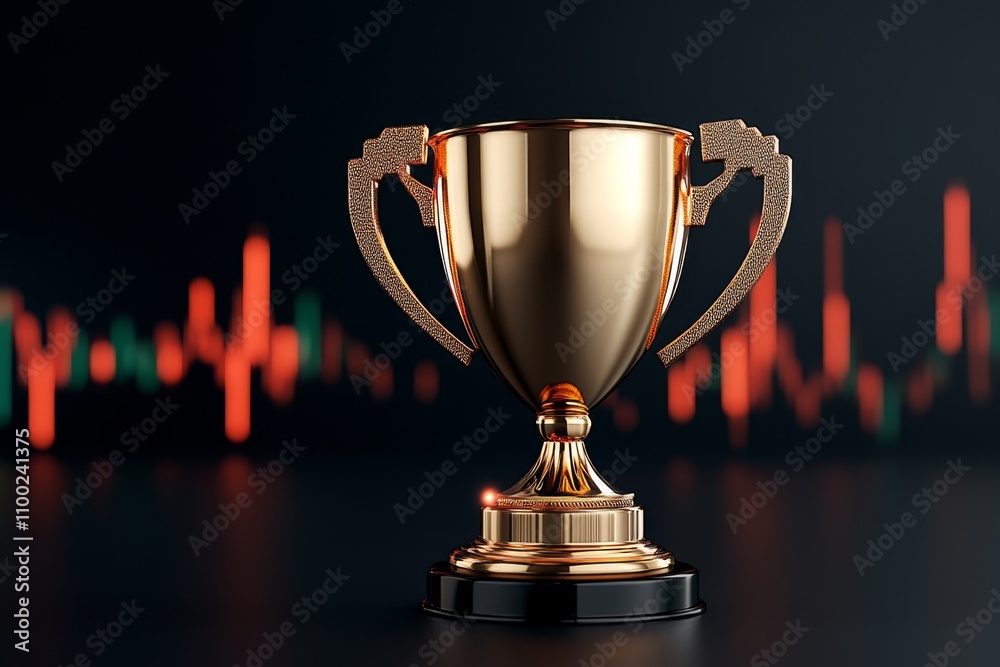 Poster a 3d-rendered golden trophy with financial symbols, floating above a vibrant digital chart with glow