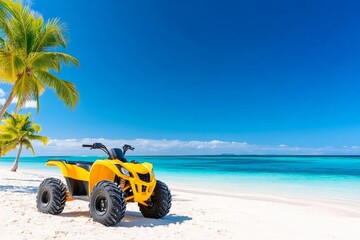 A beachside scene with an ATV parked on the sand, near turquoise waters and palm trees