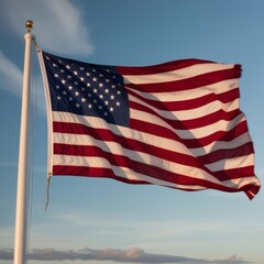 Fototapeta premium American flag waving against blue sky. US flag waving in the wind for Memorial Day or 4th of July