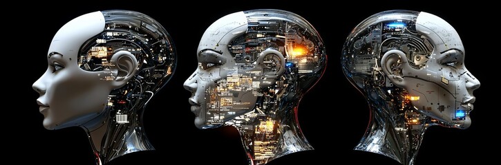 Futuristic robotic heads with intricate designs, showcasing artificial intelligence technology.