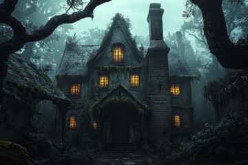 Fototapeta premium Mysterious old house surrounded by dense forest, with glowing windows at dusk.
