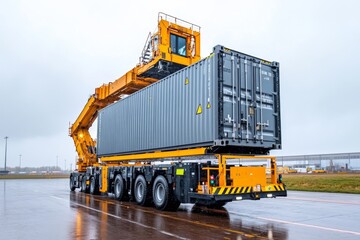 A cargo plane being loaded with large shipping containers by automated systems on a busy airfield