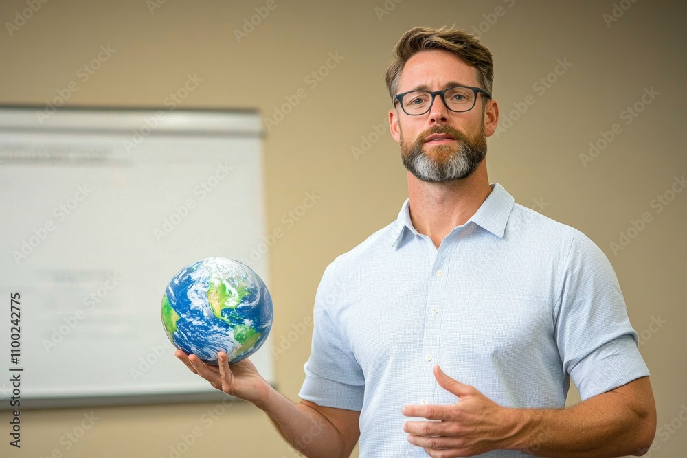 Poster A classroom scene where a teacher explains Earth axial tilt using a 3D model