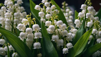 Obraz premium Graceful lily of the valley flowers with delicate white blooms surrounded by lush green leaves