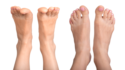 Bare female feet in a relaxed and tensed front position. Smooth skin, neat nails, and soft toes highlight beauty and healthy care. Skincare and pedicure. Isolated on white