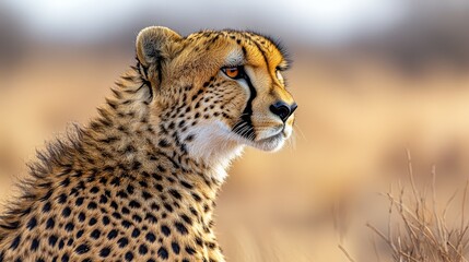 Obraz premium A close-up of a cheetah, showcasing its distinctive spotted fur and alert expression against a blurred natural background.