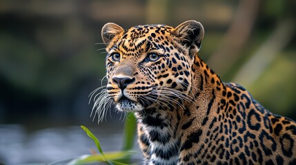 Obraz premium A majestic jaguar gazes thoughtfully, showcasing its distinctive spots and powerful presence amidst a lush green background.