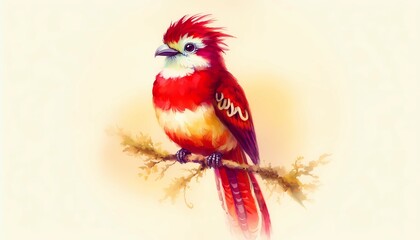 
An quetzal painted in watercolor watercolor technique, centered, in red and yellow with a soft cream background, created with geneartivo A.I.