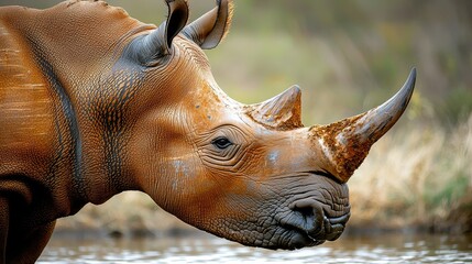 A close-up of a rhinoceros showcasing its distinctive features, including prominent horns and textured skin against a natural background.