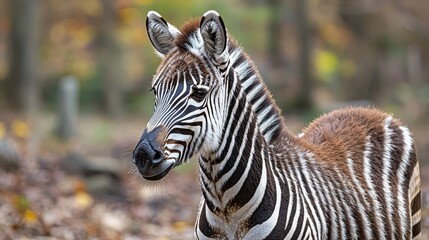 A young zebra stands amidst autumn foliage, showcasing its distinctive black and white stripes in a serene, natural setting.
