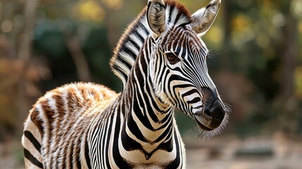 Naklejka premium A close-up of a zebra showcases its striking black and white stripes, highlighting its unique pattern and curious expression in a natural setting.