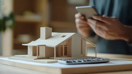 House model on table with calculator and person using smartphone.
