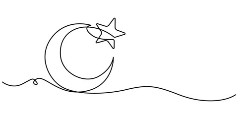 Newborn Room Continuous Line Editable Icon, Moon and Star Line Icon Editable Stroke, One line  Drawing or illustration of a star, Star and crescent shape made of barbed wire, Arabic Moon and Star. © line draw