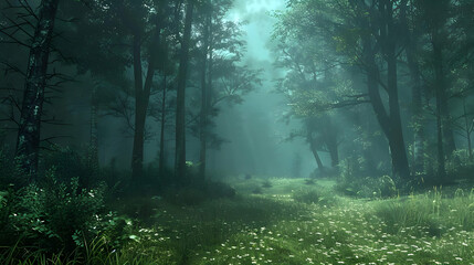 Fototapeta premium Misty Forest Illustration: Enchanting Green Woods