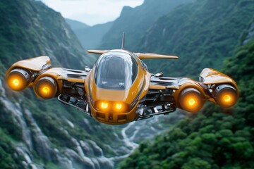 A fantastical flying machine powered by glowing crystals, soaring above a magical landscape filled with floating islands