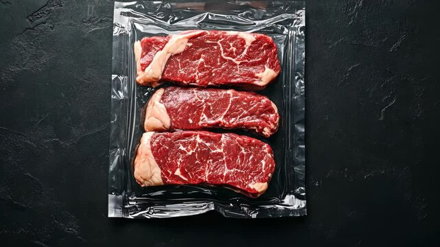 Freezer beefsteak in packaging on black background. Raw beef steak vacuum sealed bag for sell. Beef rib eye steak plastic pack. top view. 4K Video