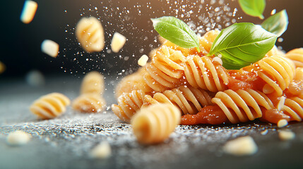 Naklejka premium Freshly cooked pasta with basil and cheese, bursting with flavor!