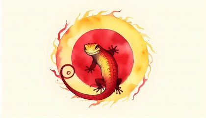 A lizard painted in WATERCOLOR watercolor technique, centered, in red and yellow with a soft cream background, created with A.I geneartivo