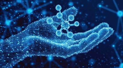 Naklejka premium Mesh hand bearing atomic network in digital cosmos