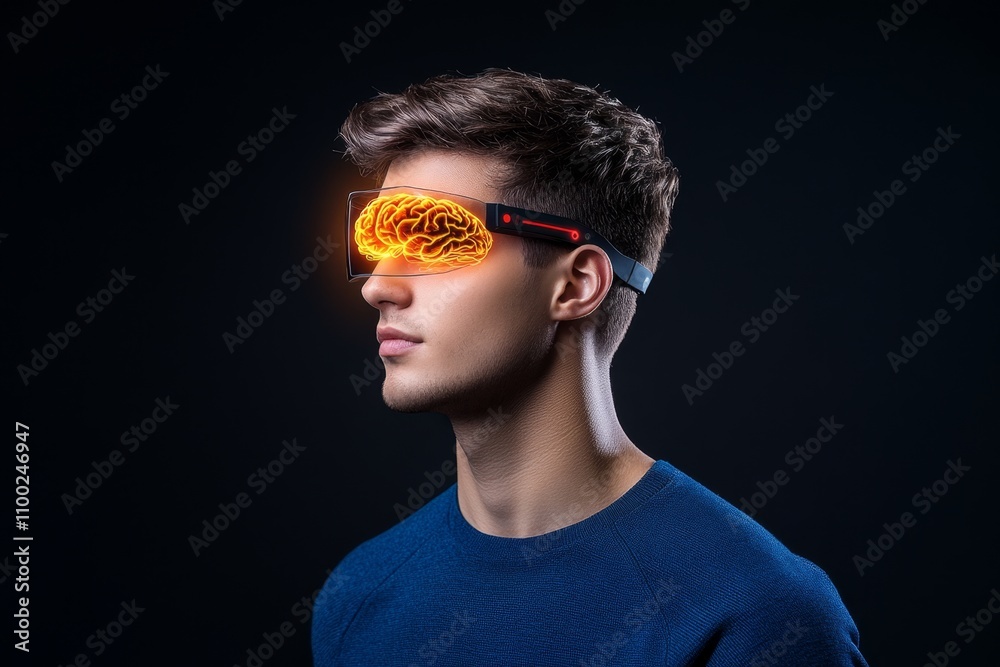 Poster A futuristic attention-tracking device glowing on a user forehead, with a holographic display showing brain activity