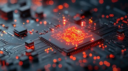 Obraz premium A close up shot of a computer chip with glowing circuits, representing the hardware powering machine learning and AI processing.