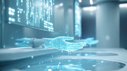 Digital hand emerges from futuristic water interface