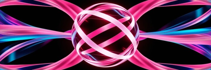 Neon pink and blue light trails ball. Abstract neon energy ball. Website banner. Modern art