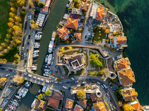Aerial view of the beautiful Anatolian Fortress and Goksu Creek with scenic buildings and boats, Anadolu Hisari, Istanbul, Turkey.