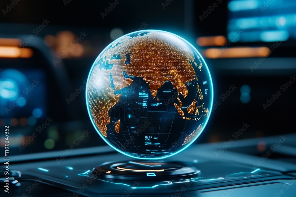 Aufkleber A futuristic globe with holographic projections showing its axis and real-time data streaming in a dark high-tech room