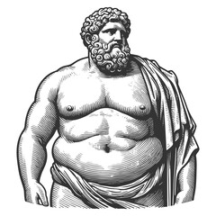 Fototapeta premium Fat overweight body positive Greek male statue with strong classical features sketch engraving generative ai fictional character raster illustration. Scratch board imitation. Black and white image.