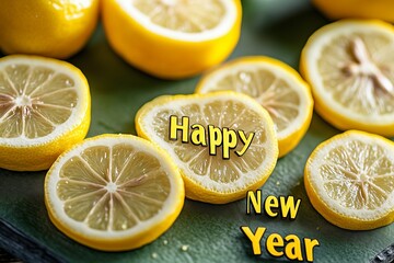 Happy New Year from bright lemon slices on a fresh green background, full of zest.