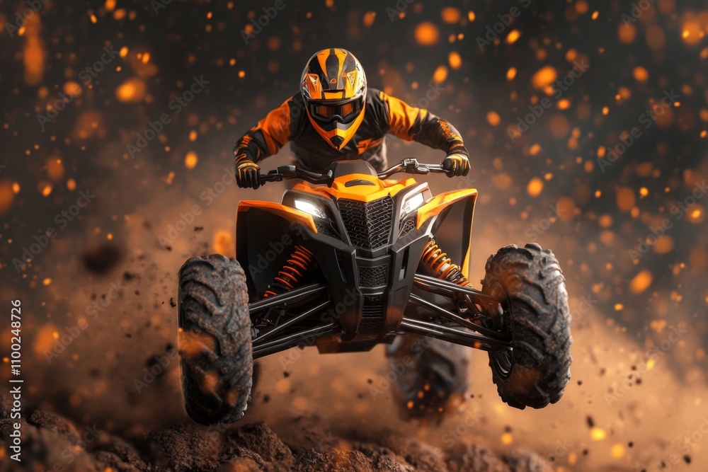 Poster a highly detailed 3d rendering of an atv mid-jump over a dirt ramp, with realistic textures and dyna
