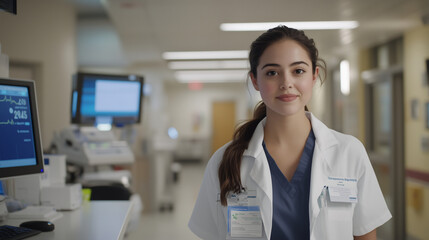 Obraz premium A hospital nurse station designed with patient comfort in mind, featuring a friendly receptionist, soft lighting, and accessible informational posters.