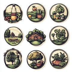Obraz premium A set of nine circular illustrations depicting nature, fresh produce, and farming themes.