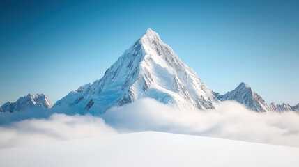 Obraz premium A majestic mountain peak covered in snow and ice, piercing the clouds and bathed in golden sunlight.