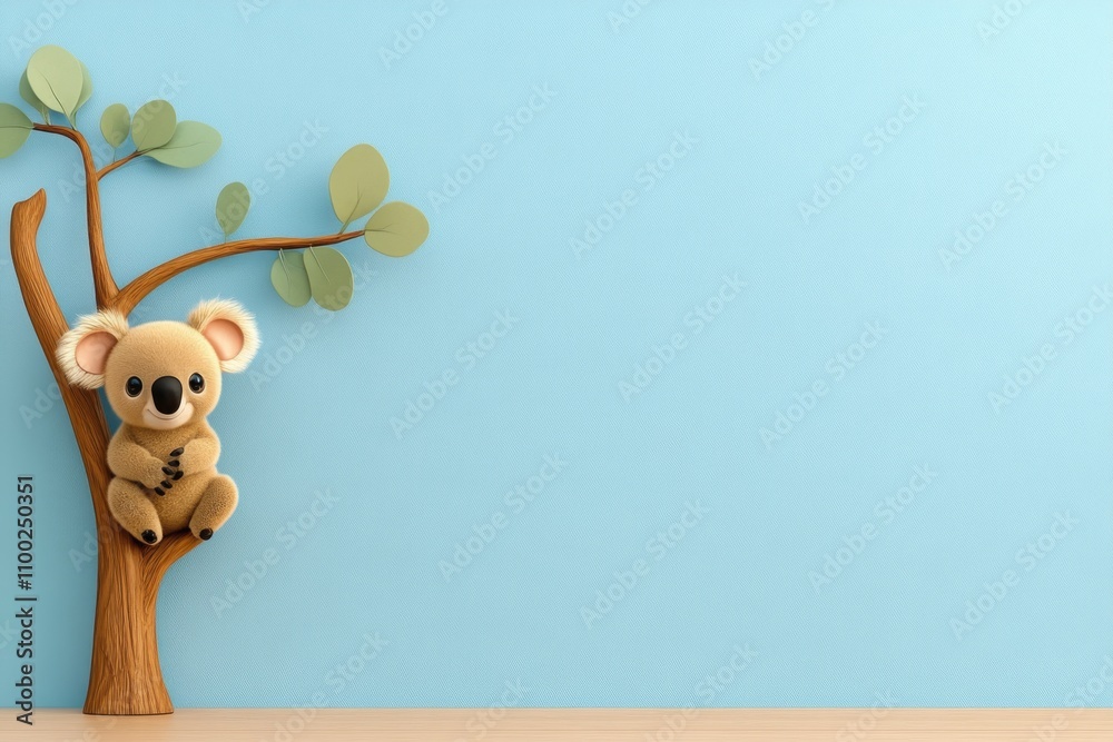 Leinwandbilder A minimalist design of a eucalyptus tree with a koala hugging its trunk, set against a light pastel background