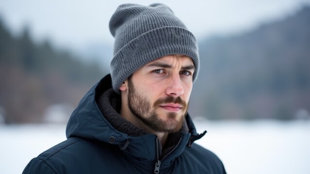 Man wearing beanie mockup in a frosty outdoor setting, highlighting its simplicity and suitability for winter branding.