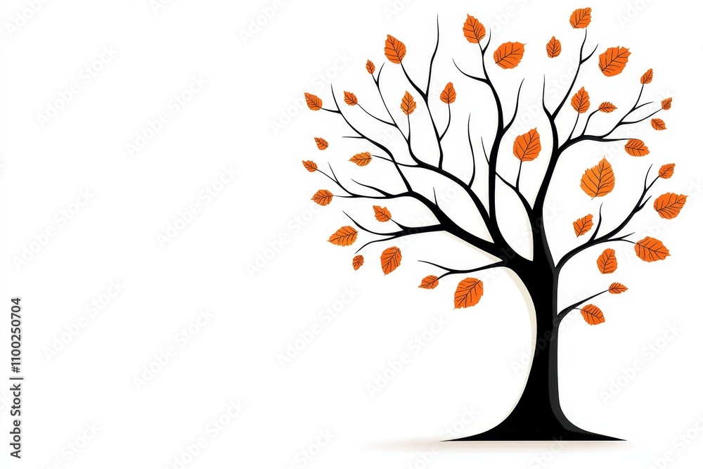 Poster a minimalist silhouette of a tree with bare branches surrounded by scattered leaves in a gradient of