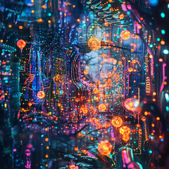 Obraz premium Vibrant Abstract Visuals with Glowing Particles, Light Trails, and Dynamic Patterns Highlighting Futuristic Digital Art