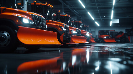 Naklejka premium A brightly lit garage scene featuring a row of orange snowplow trucks, their reflective stripes glowing under fluorescent lights.