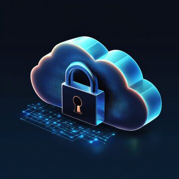 A digital cloud with a padlock symbol, representing secure cloud storage and data protection.