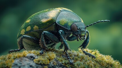 Close-up of a green beetle on mossy surface in a natural setting