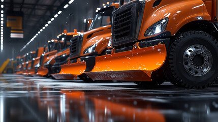 Fototapeta premium A garage scene capturing the polished exteriors of orange snowplow trucks in a row, with their hydraulic systems and snow blades gleaming.
