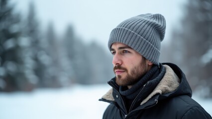 Fototapeta premium Snowy field shot of a man wearing beanie mockup, emphasizing its warm, textured material for winter branding purposes.