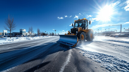 A snow plow skillfully maneuvers through a parking lot, its blade creating a smooth trail of cleared asphalt under a clear blue sky and bright sunlight.