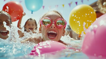Joyful summer fun at the pool with colorful balloons and playful kids enjoying in the water with big smiles.