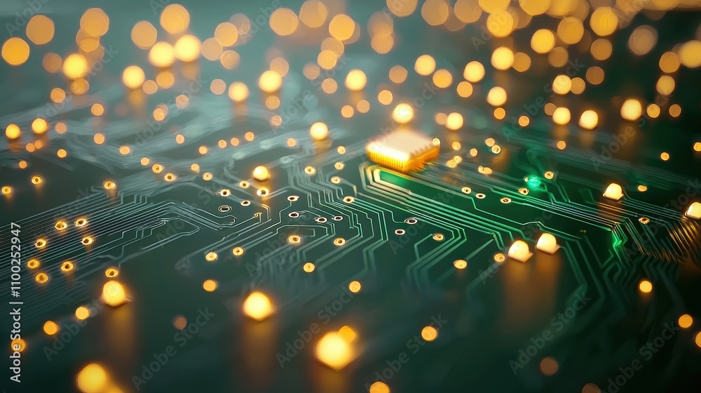 Poster a close up of a computer circuit board with glowing leds, symbolizing processing power and the rapid
